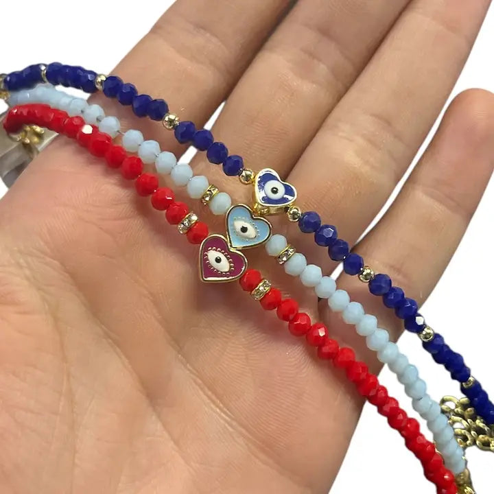 Crystal Beaded Bracelet with Heart Charm - 3 Color Options