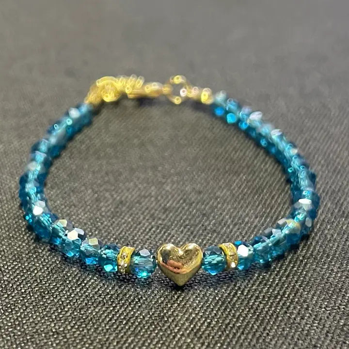 Crystal Beaded Bracelet with Heart Charm - 6 Color Options