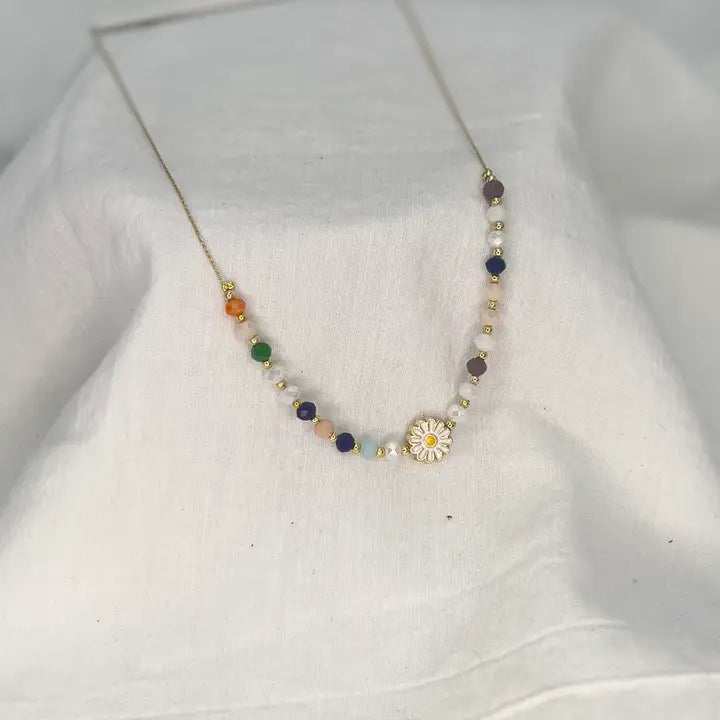 Gold Plated Daisy Beaded Necklace - Handmade Protection