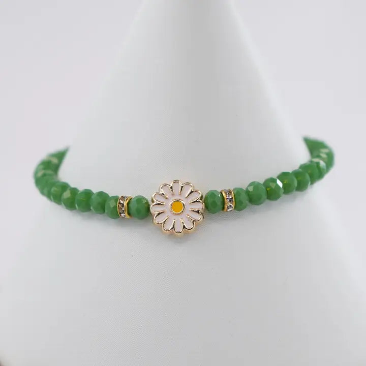 Crystal Beaded Bracelet with Daisy Charm - 7 Color Options