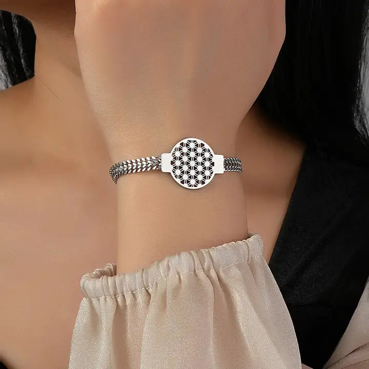 Elegant Stainless Steel Flower of Life Bracelet - Adjustable