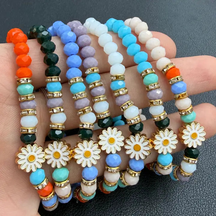 Stretchy Beaded Flower Charm Bracelets – 7 Color Set 