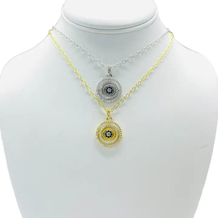 925 Sterling Silver - Large Round Oval Evileye Necklace