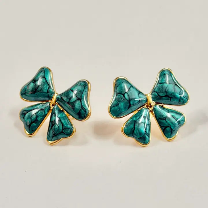 Stainless Steel Gold Turquoise Enamel Bow Stud Earrings