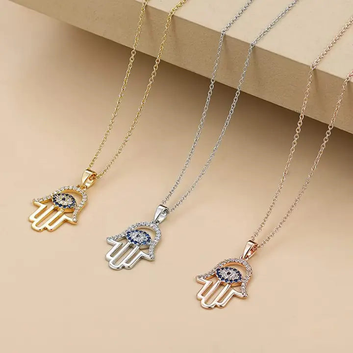 925 Sterling Silver Hamsa Hand Necklace with Evil Eye 