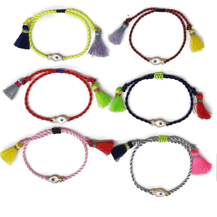 Boho Evil Eye Fish Bracelet – Enamel Rope with Tassel