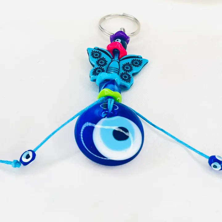 Blue Stone Butterfly Patterned Keychain - Handmade Glass