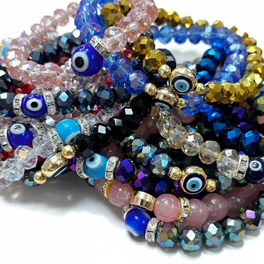 Stretchy Bracelet | 10 Color Mix Set | Evil Eye & Crystals