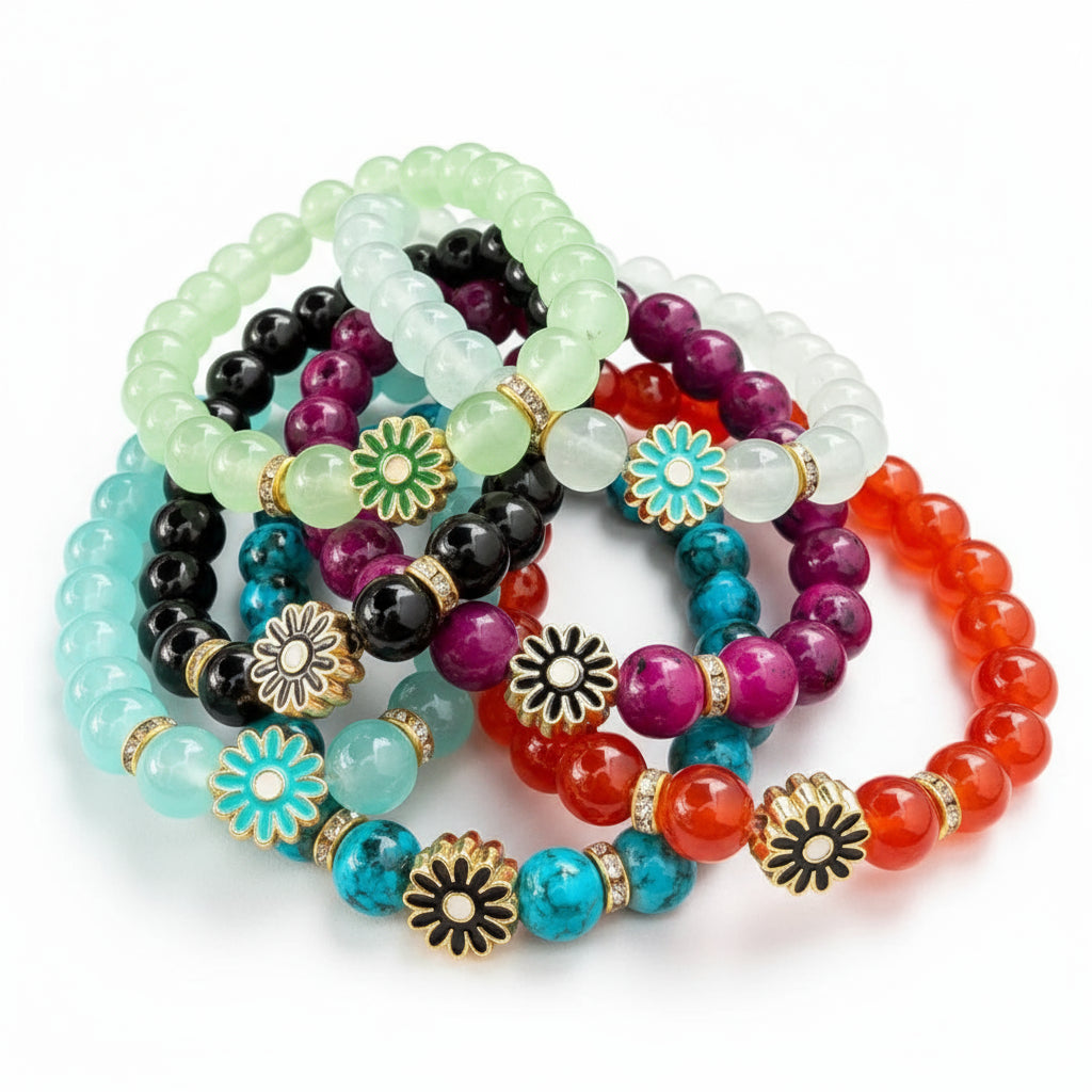 Stretchy Beaded Flower Charm Bracelets – 7 Color Mix Set