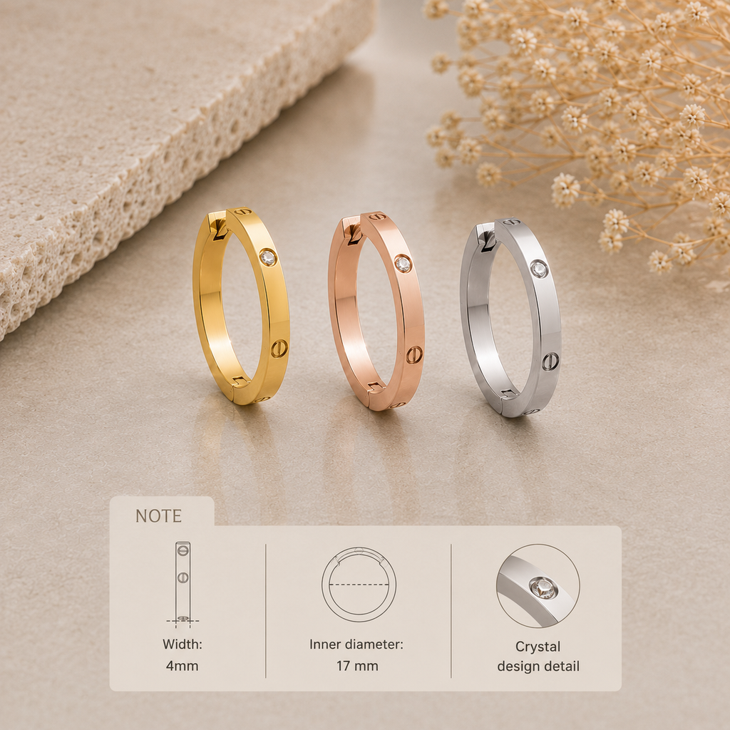 4mm–LOVE Inspired Crystal&Screw Hoop Earring–Stainless Steel
