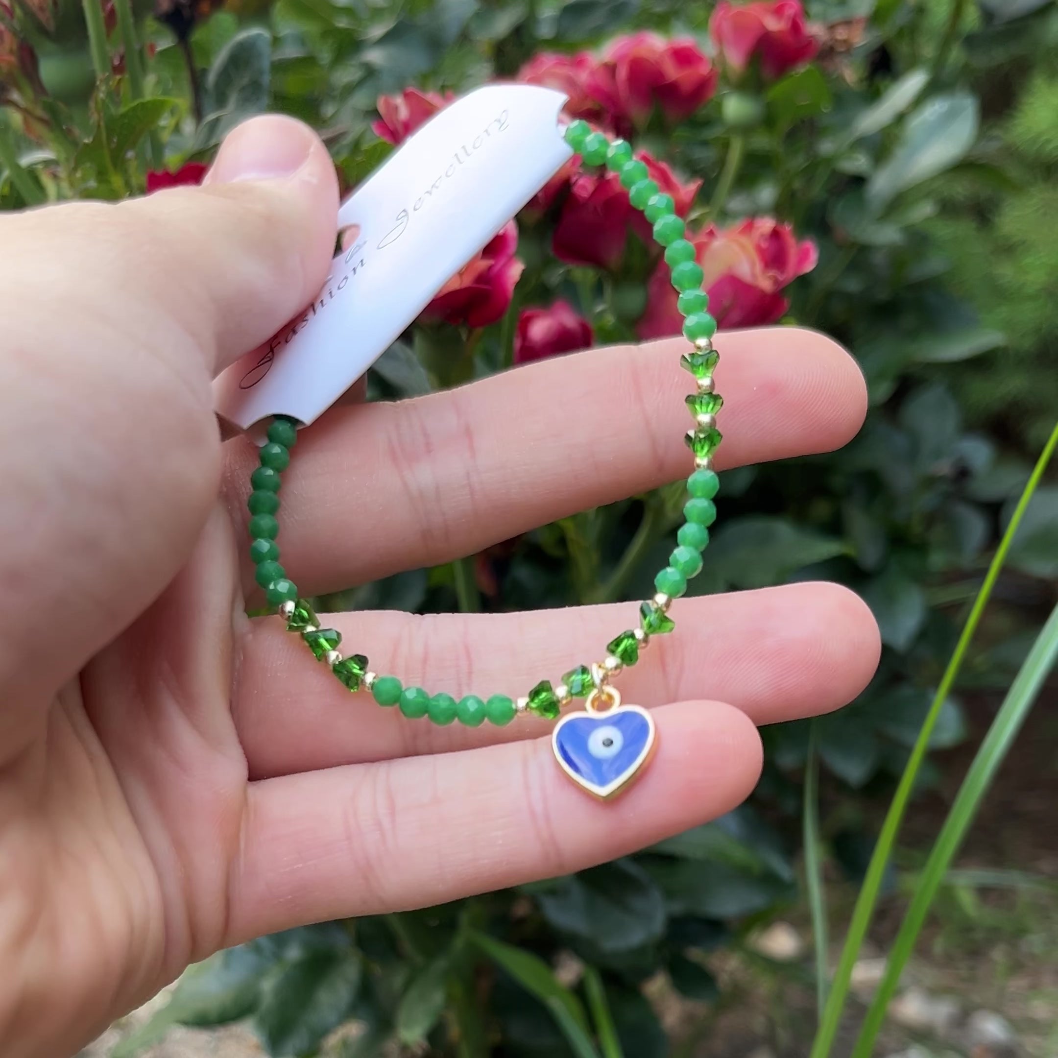 Crystal Bracelet | Heart Evil Eye Charm | 9 Color Options 