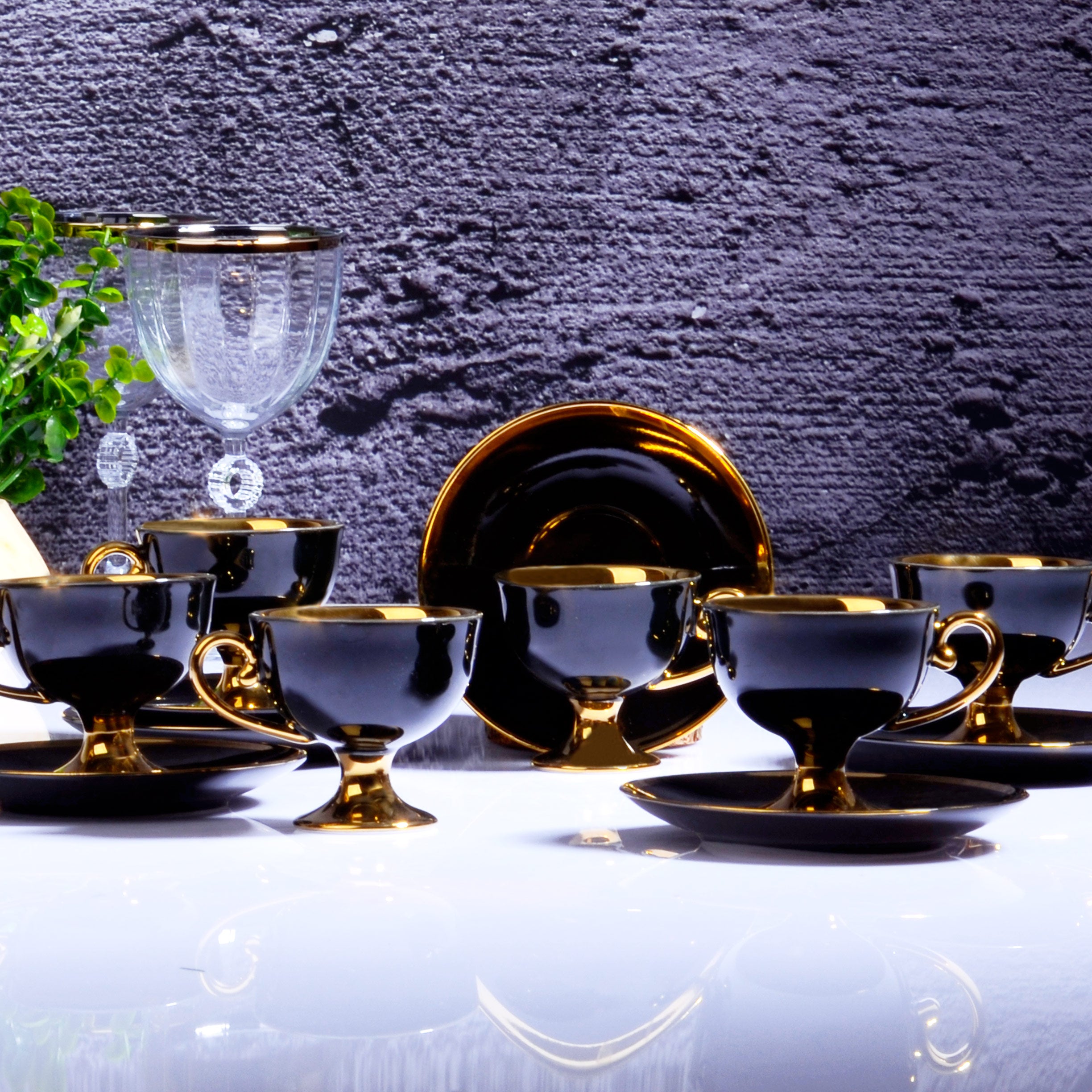 IST-72 PORCELAIN 90CC 6 PC FANCY TURKISH COFFEE  SET - BLACK