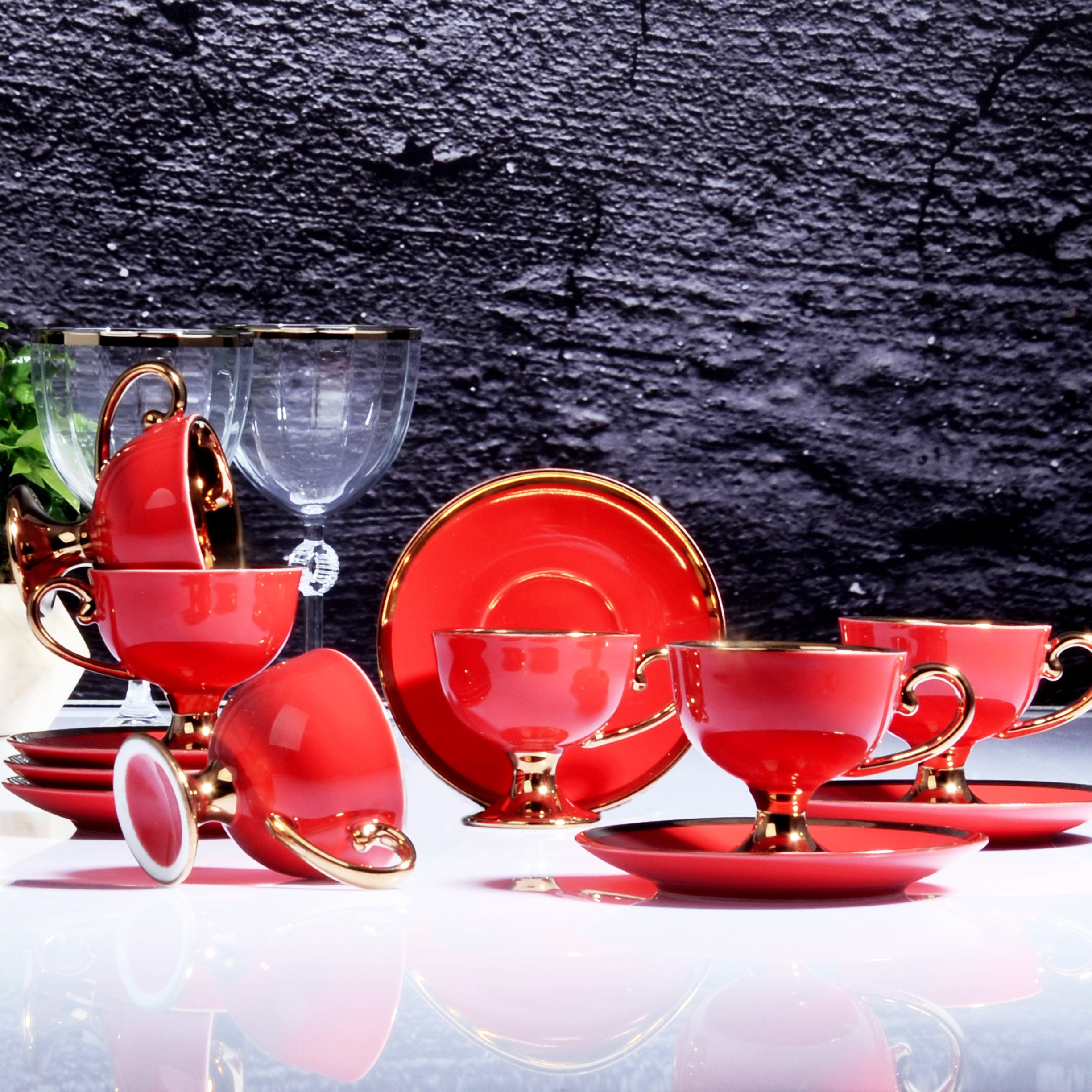 IST-76 PORCELAIN 90CC 6 PC FANCY TURKISH COFFEE  SET - RED