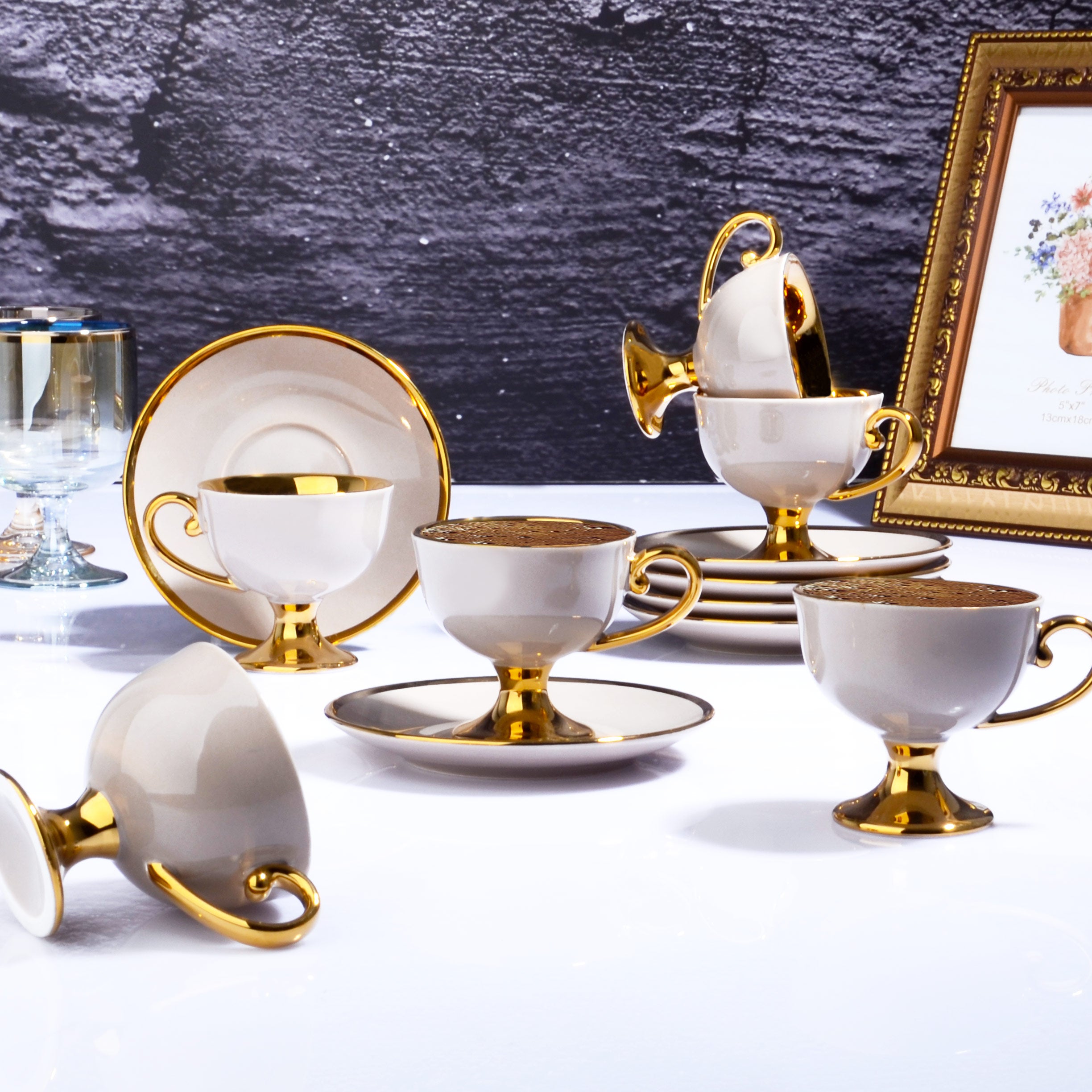 IST-96 PORCELAIN 90CC 6 PC FANCY TURKISH COFFEE  SET - COFFEE CREAM