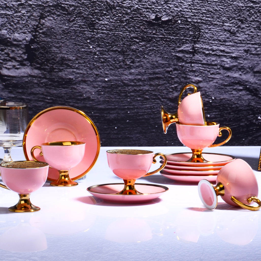IST-98 PORCELAIN 90CC 6 PC FANCY TURKISH COFFEE  SET - PINK