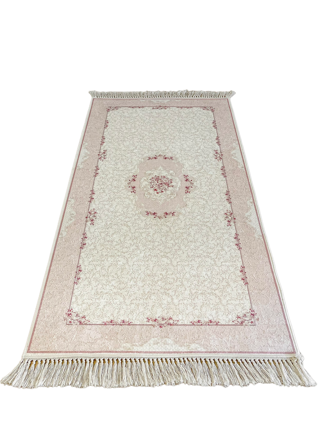 Rectangle Pink Ivory Design Latex Water Resistant Washable Tassel Area Rug