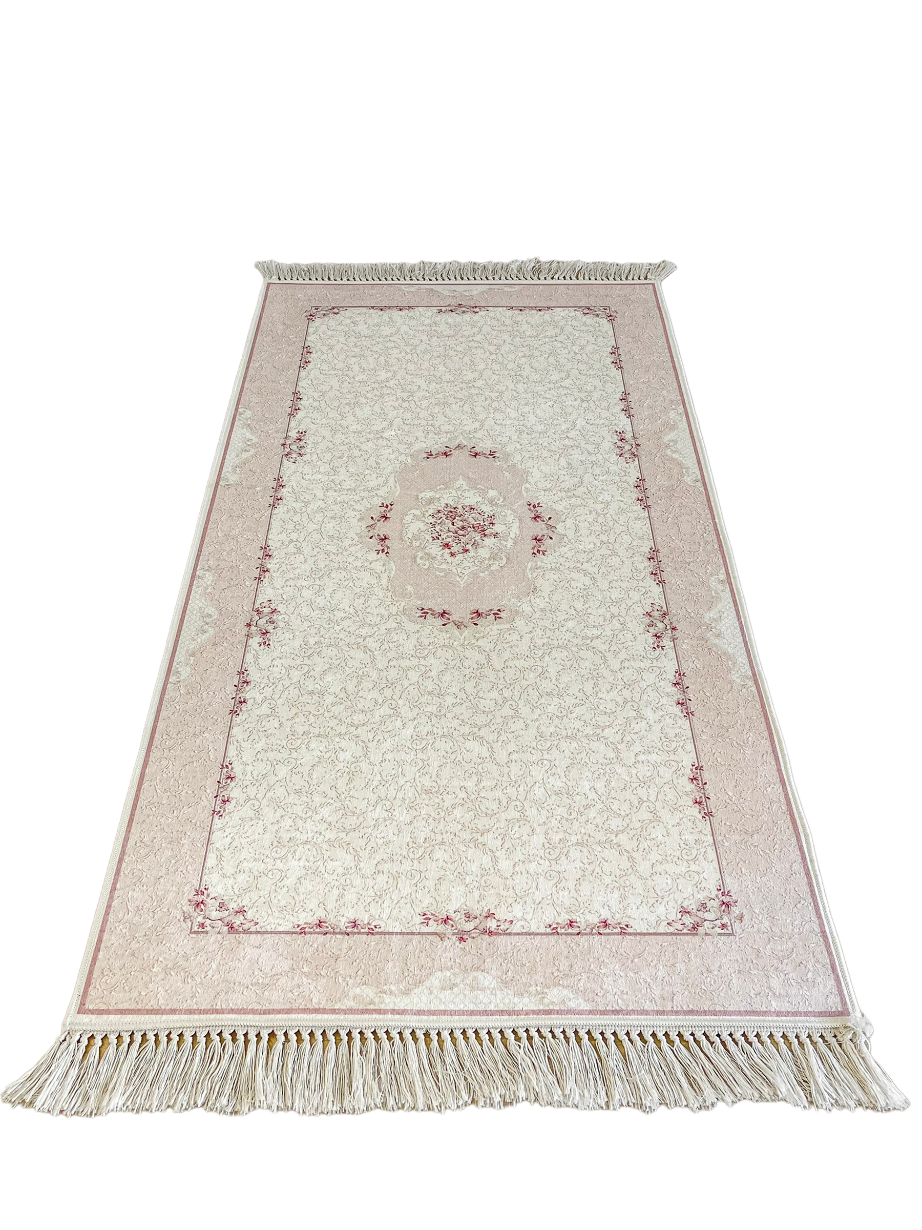 Rectangle Pink Ivory Design Latex Water Resistant Washable Tassel Area Rug