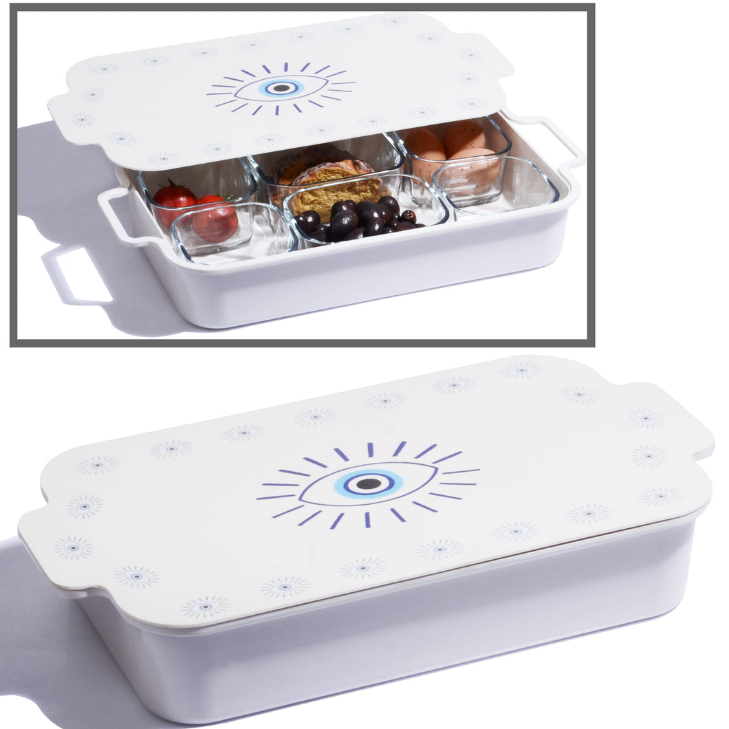 387 -  MELAMINE TRAY WITH COVER  &6 GLASS COMPARTMENT (EVIL EYE)