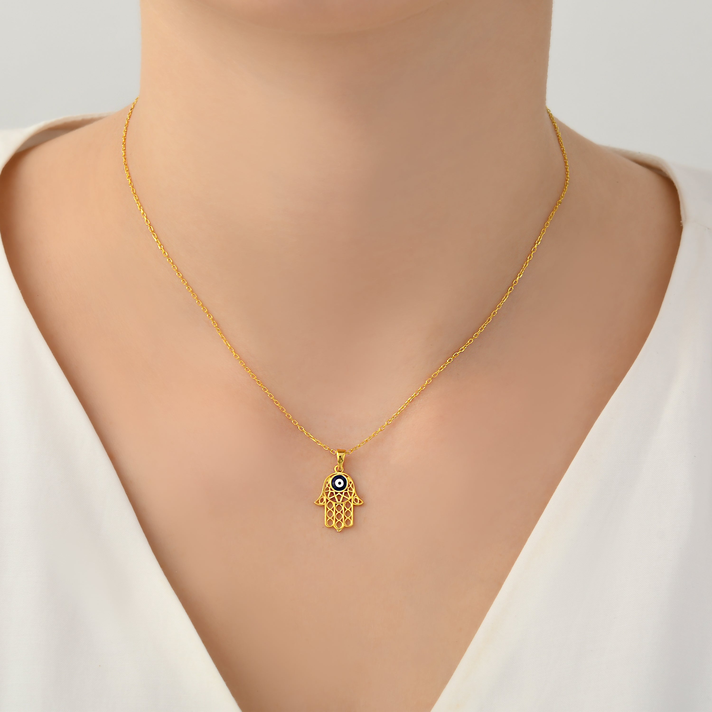 925 Sterling Silver Gold Plated Hamsa Evil Eye Necklace