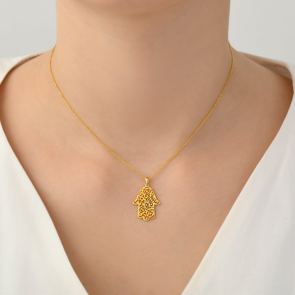 925 Sterling Silver Gold Plated Patterned Hamsa Necklace