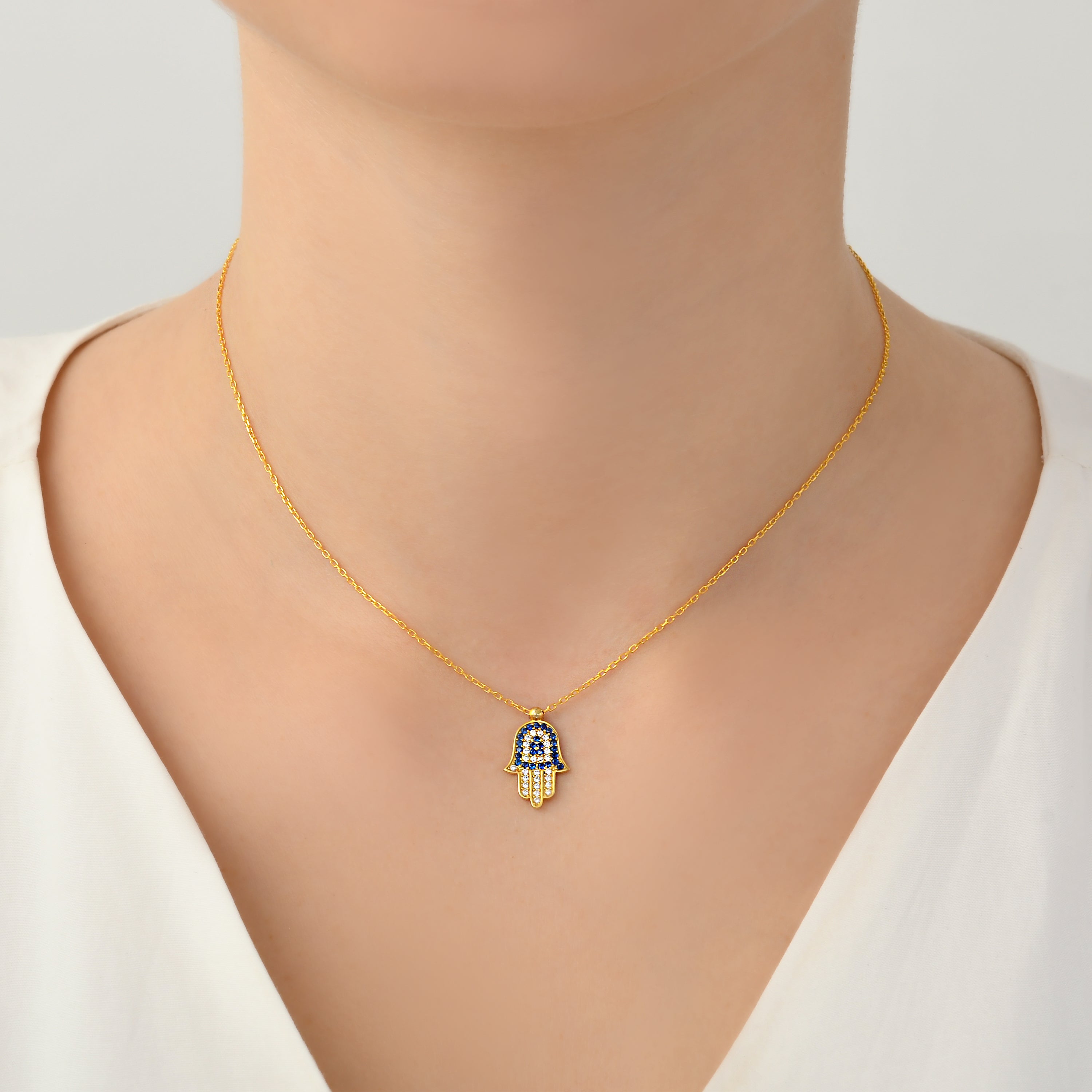 925 Sterling Silver Gold Plated Hamsa Evil Eye Necklace