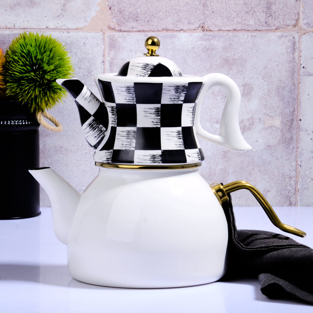 ENAMEL & PORCELAIN TEA POT – BLACK & WHITE
