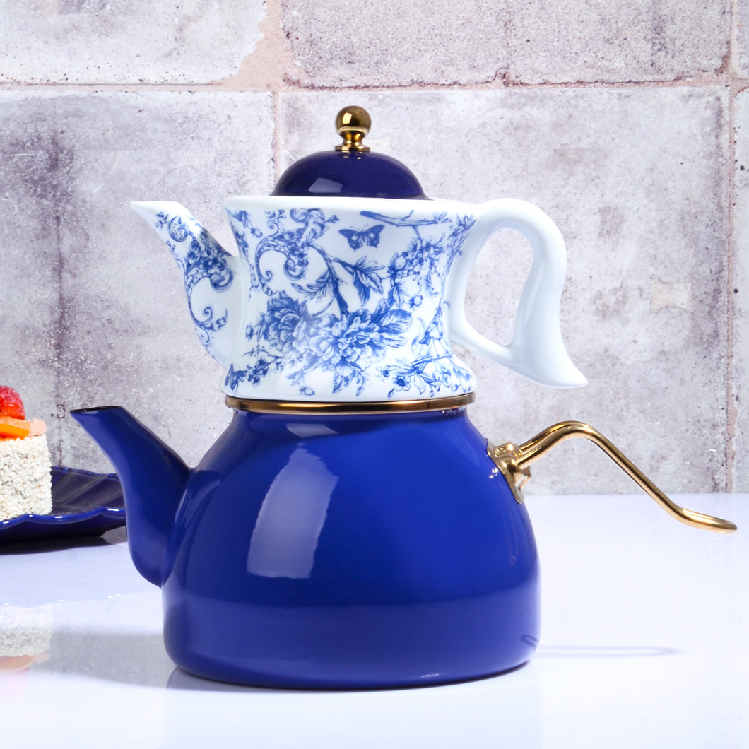 ENAMEL & PORCELAIN TEA POT – BLUE FLOWERS